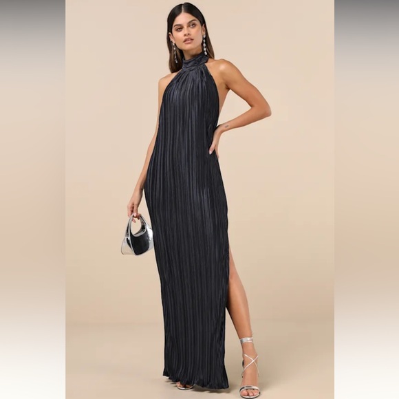 Lulus Gwenny High Neckline Satin Plisse Maxi Dress Dark Navy Blue - Size Medium - Picture 2 of 7